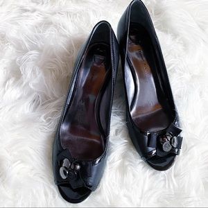 Etienne Aigner Black Peep Toe Patent Wedges SZ 8.5